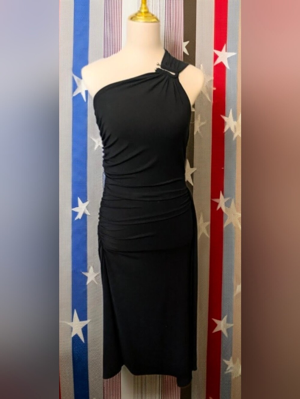 Michael Kors One-Shoulder Black Ruched Gown with Shoulder Hardware